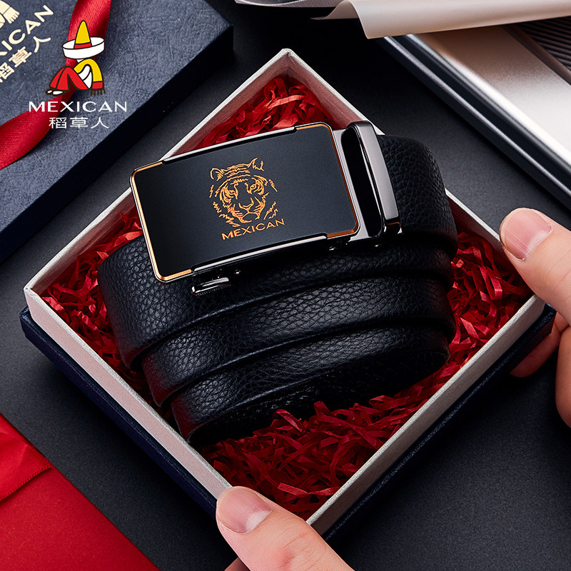 稻草人皮带男真皮年轻人商务自动扣腰带2025新款男士牛皮裤带潮流