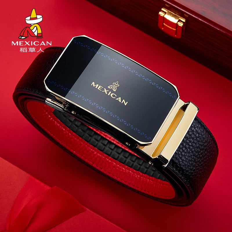 稻草人皮带男真皮商务时尚红腰带本命年男士自动扣裤带新年礼物潮