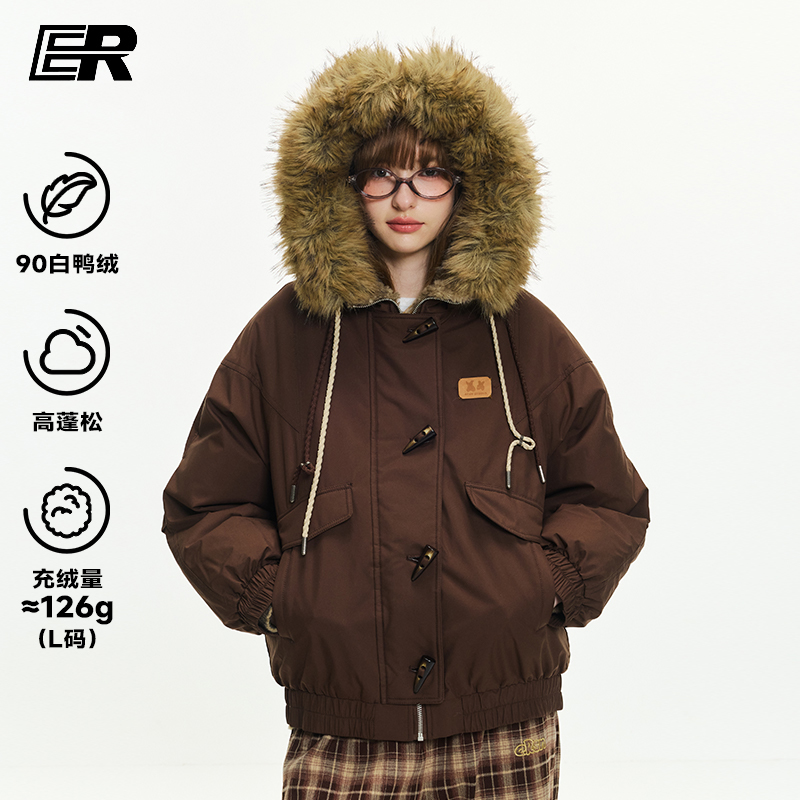 ER牛角扣座山雕连帽羽绒服