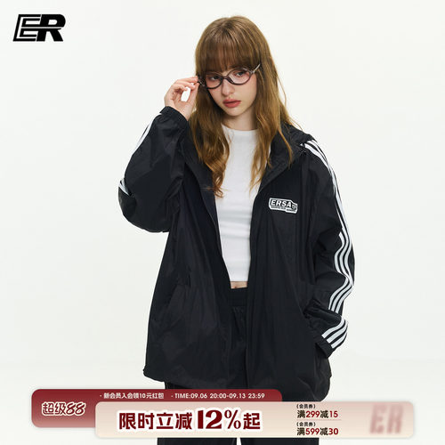 ER美式三条杠防晒衣男2026夏季轻薄宽松连帽休闲轻户外运动外套女