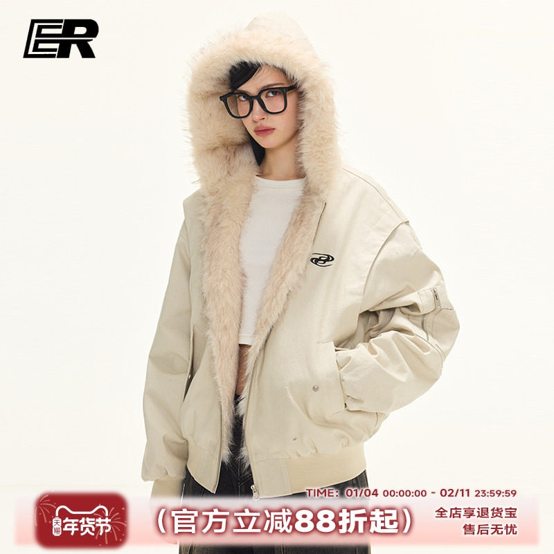 ER座山雕工装外套潮牌冬季连帽毛毛加厚夹克美式宽松情侣外套上衣,男装,棉衣,淘宝优惠券,粉丝福利购,淘宝优惠卷