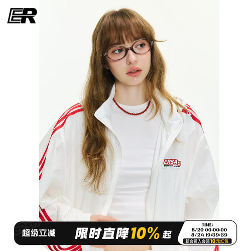 ER美式复古薄款连帽防晒衣外套女夏季宽松运动休闲三条杠情侣装