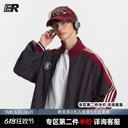 ER学院风徽章条纹开衫卫衣男2026秋季美式复古立领户外休闲运动服