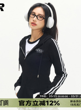 ER三条杠修身收腰连帽卫衣开衫女2026年春秋美式辣妹上衣抽绳外套