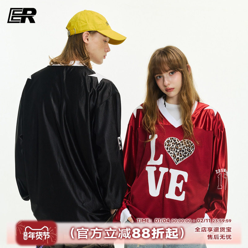 ER撞色V领豹纹爱心球服户外篮球运动网眼透气美式长袖t恤情侣装