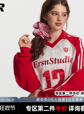 ER蕾丝透视感镂空插肩袖V领长袖t恤女国潮美式运动12号冰球服罩衫