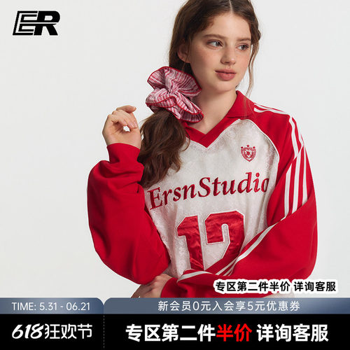 ER蕾丝透视感镂空插肩袖V领长袖t恤女国潮美式运动12号冰球服罩衫