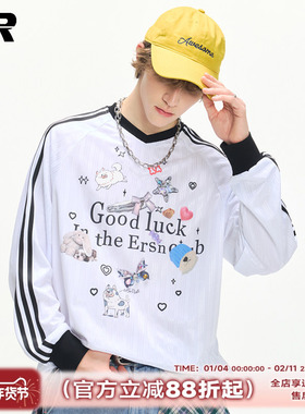 【王玉雯同款】ER撞色条纹卡通印花V领长袖t恤男女oversize上衣