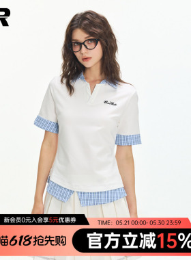 ER学院风短袖POLO衫女2026夏撞色拼接格子假两件T恤修身显瘦上衣