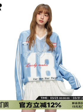 【排汗透气速干】ER撞色条纹18号运动球服V领美式长袖T恤女春季