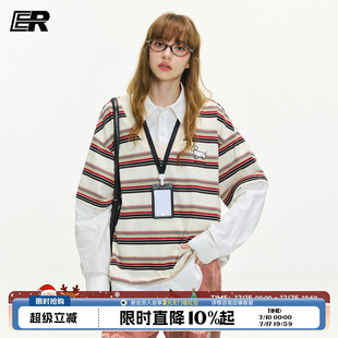 【明星同款】ER假两件小狗刺绣条纹Polo领长袖T恤男女学院风上衣