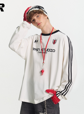 【左奇函】ER撞色领条纹长袖T恤男女秋季学院风美式潮牌打底衫