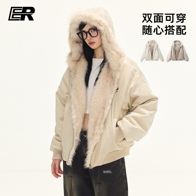 【明星同款】ER两面穿座山雕麂皮毛领连帽外套cleanfit美式情侣装