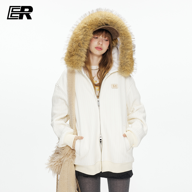 ER大毛领连帽卫衣外套男女2025秋冬季双拉链美式休闲宽松毛毛开衫