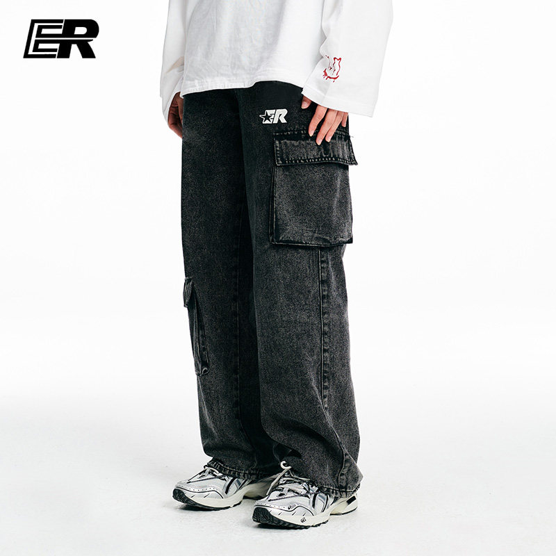 ER大口袋工装牛仔裤男秋季直筒宽松复古做旧阔腿长裤【明星同款】