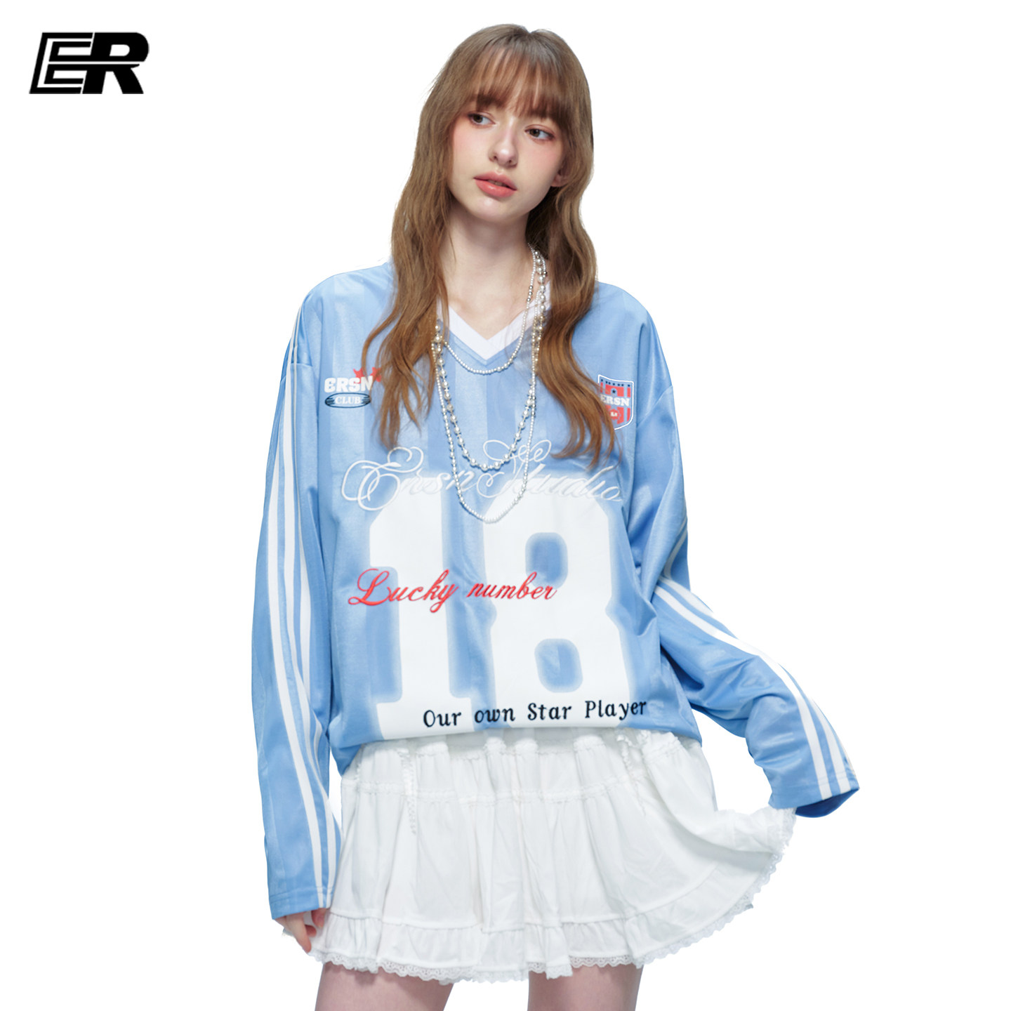 【排汗透气速干】ER撞色条纹18号运动球服V领美式长袖T恤女春季