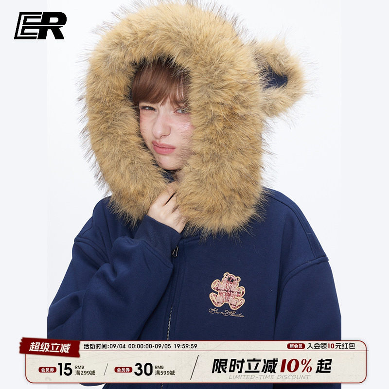 【王橹杰同款】ER小熊耳朵毛领开衫连帽卫衣美式复古外套男女图片