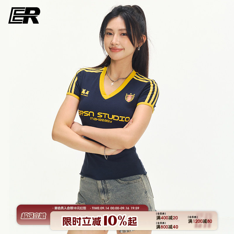 ER美式y2k正肩短袖t恤女球衣辣妹修身掐腰潮牌撞色V领上衣夏季图片