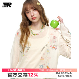 ER少女手绘涂鸦印花长袖T恤夏季潮牌休闲宽松轻薄罩衫慵懒风上衣