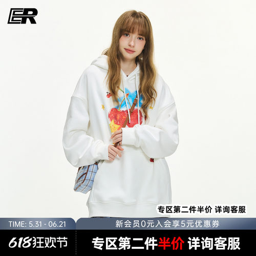 ER爆汁樱桃重磅卫衣情侣秋季潮牌美式宽松户外休闲套头连帽衫
