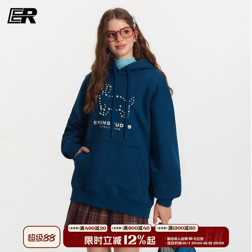 ER珍珠小狗印花连帽重磅卫衣2026秋季情侣美式潮牌宽松休闲套头衫
