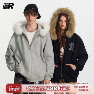 ER大毛领珍珠双向拉链开衫卫衣男女秋高街潮流宽松休闲插肩袖外套