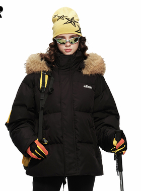 【户外系列】ER绣花毛领连帽羽绒服冬滑雪加厚保暖工装情侣派克服