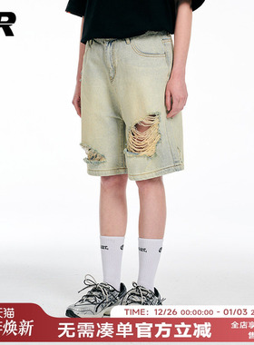 ER不规则破洞牛仔短裤男夏薄款宽松潮牌美式高街水洗做旧五分裤子