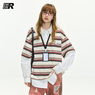 【张桂源】ER假两件小狗刺绣条纹Polo领长袖T恤男女2026秋学院风