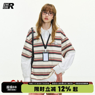 【明星同款】ER假两件小狗刺绣条纹Polo领长袖T恤男女学院风上衣