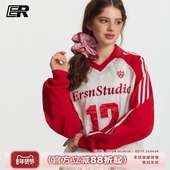 ER蕾丝透视感镂空插肩袖 运动12号冰球服罩衫 V领长袖 t恤女国潮美式