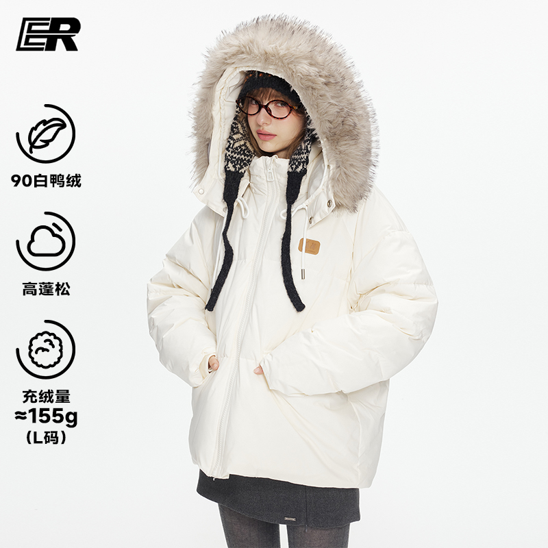 ER毛领贴布连帽羽绒服冬季学生户外潮牌宽松加厚保暖防寒外套情侣