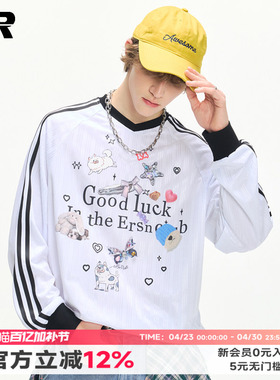 【王玉雯同款】ER撞色条纹卡通印花V领长袖t恤男女oversize上衣