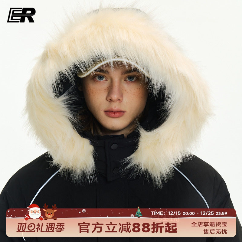 ER大毛领连帽加厚90白鸭绒羽绒服冬季新款反光条潮牌宽松防寒外套