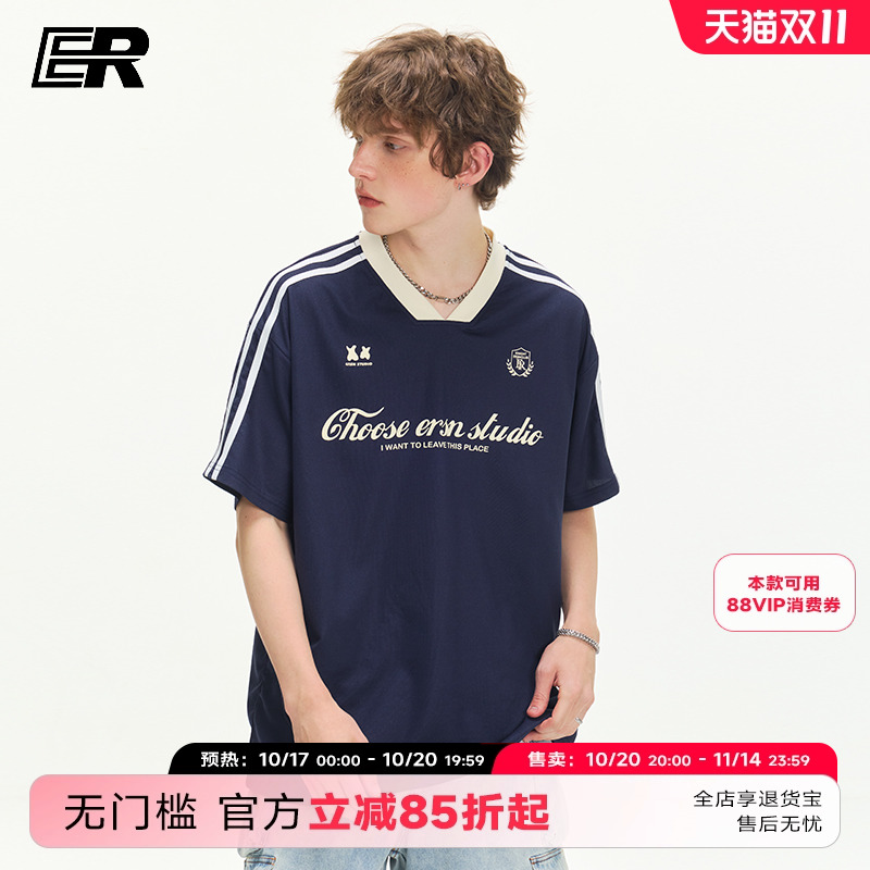 ER三条杠短袖T恤男2025夏季新款潮牌美式垂感凉感冰球服复古街头