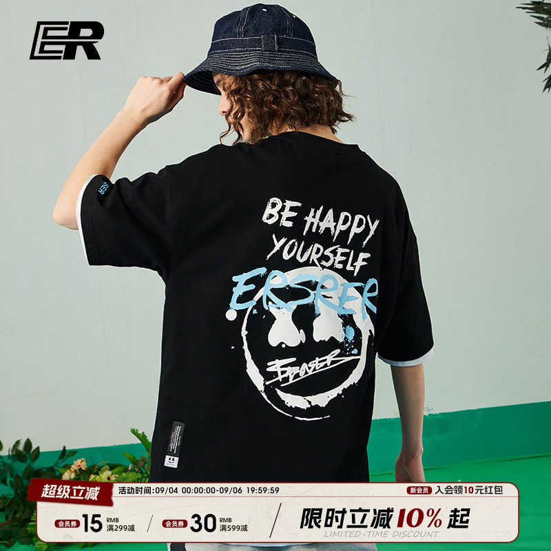 ER笑脸大字母涂鸦短袖t恤男夏宽松情侣装原创潮牌【宋亚轩同款】图片
