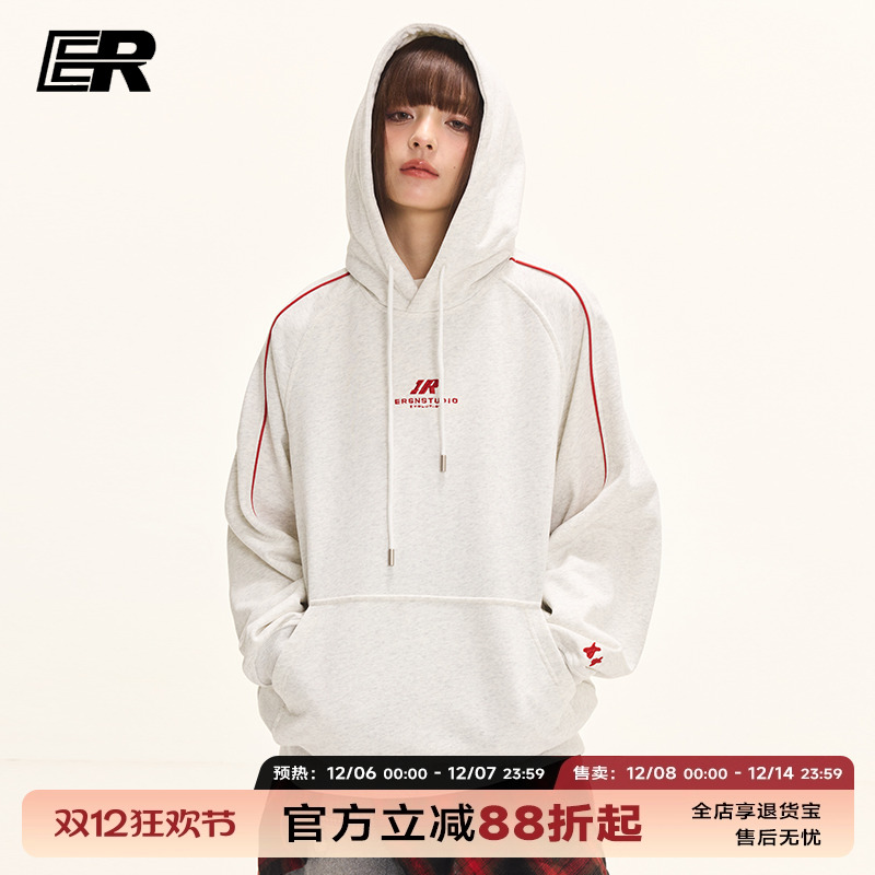 ER侧条纹插肩袖星星眼绣花卫衣2025秋美式复古潮牌休闲运动连帽衫