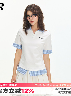 ER学院风短袖POLO衫女2026夏撞色拼接格子假两件T恤修身显瘦上衣