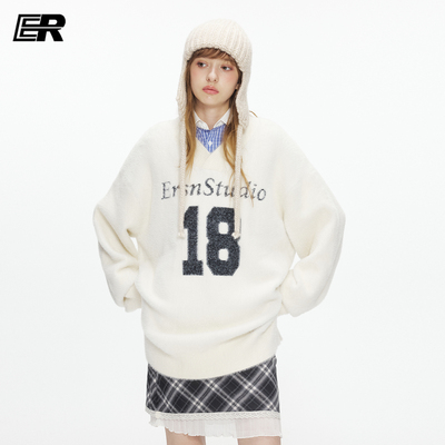 ER马海毛软糯V领针织衫秋冬设计感小众oversize情侣套头毛线上衣