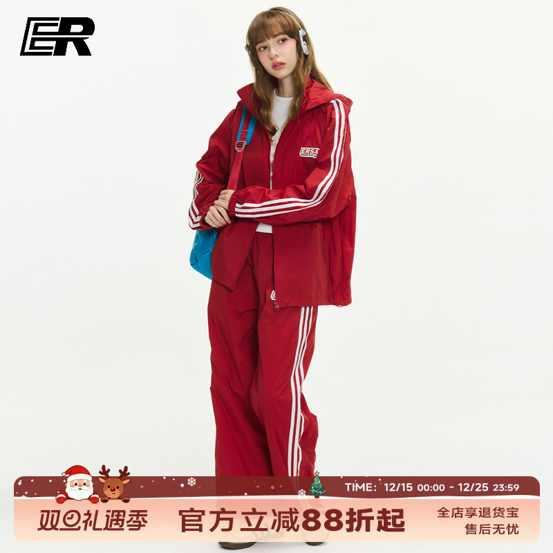 ER学院风撞色条纹防晒裤子秋季潮牌美式运动休闲宽松直筒休闲长裤