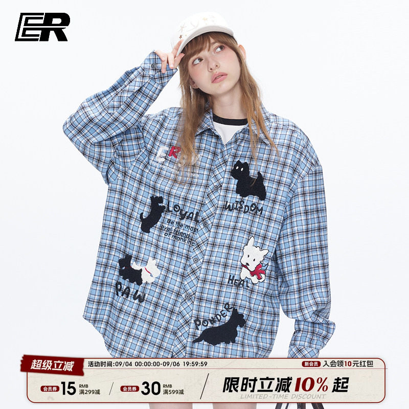 ER可爱小狗刺绣格纹长袖衬衫图片