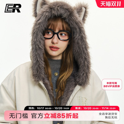 ER原创座山雕连帽外套2025秋冬珍珠logo毛领夹克美式潮牌情侣棉服