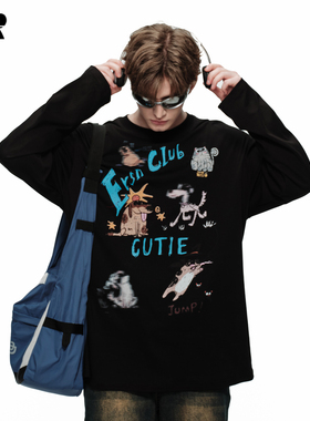 ER涂鸦风黑色长袖圆领卫衣男春季宽松卡通印花设计感街头潮流上衣