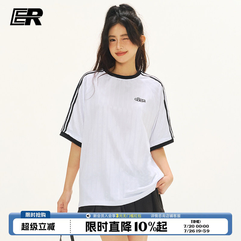 ER条纹撞色运动短袖t恤男女2026夏季国潮美式复古竖纹上衣情侣装