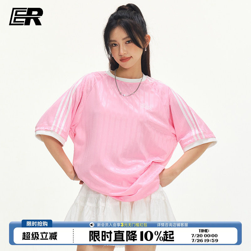 ER条纹撞色运动短袖t恤男女2026夏季国潮美式复古竖纹上衣情侣装