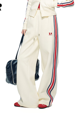 【抗菌防螨】ER刺绣撞色条纹重磅运动卫裤女春季宽松直筒休闲长裤