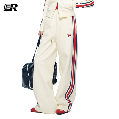 ER白色侧条纹阔腿卫裤女显瘦