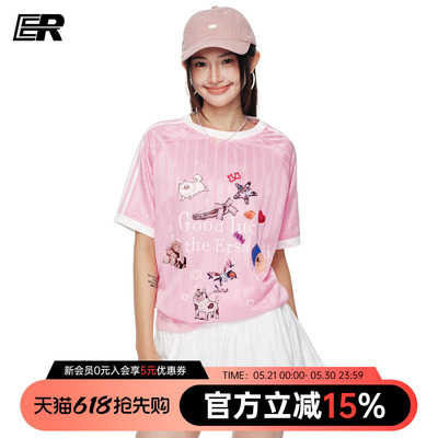 ER撞色条纹萌宠乐园印花短袖T恤