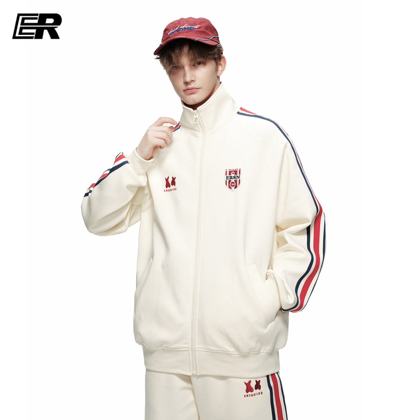 ER原创撞色条纹刺绣立领拉链卫衣男女春秋开衫复古运动风外套潮
