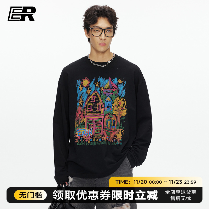 ER涂鸦梦想家圆领长袖t恤2025秋季国潮美式复古慵懒风内搭上衣